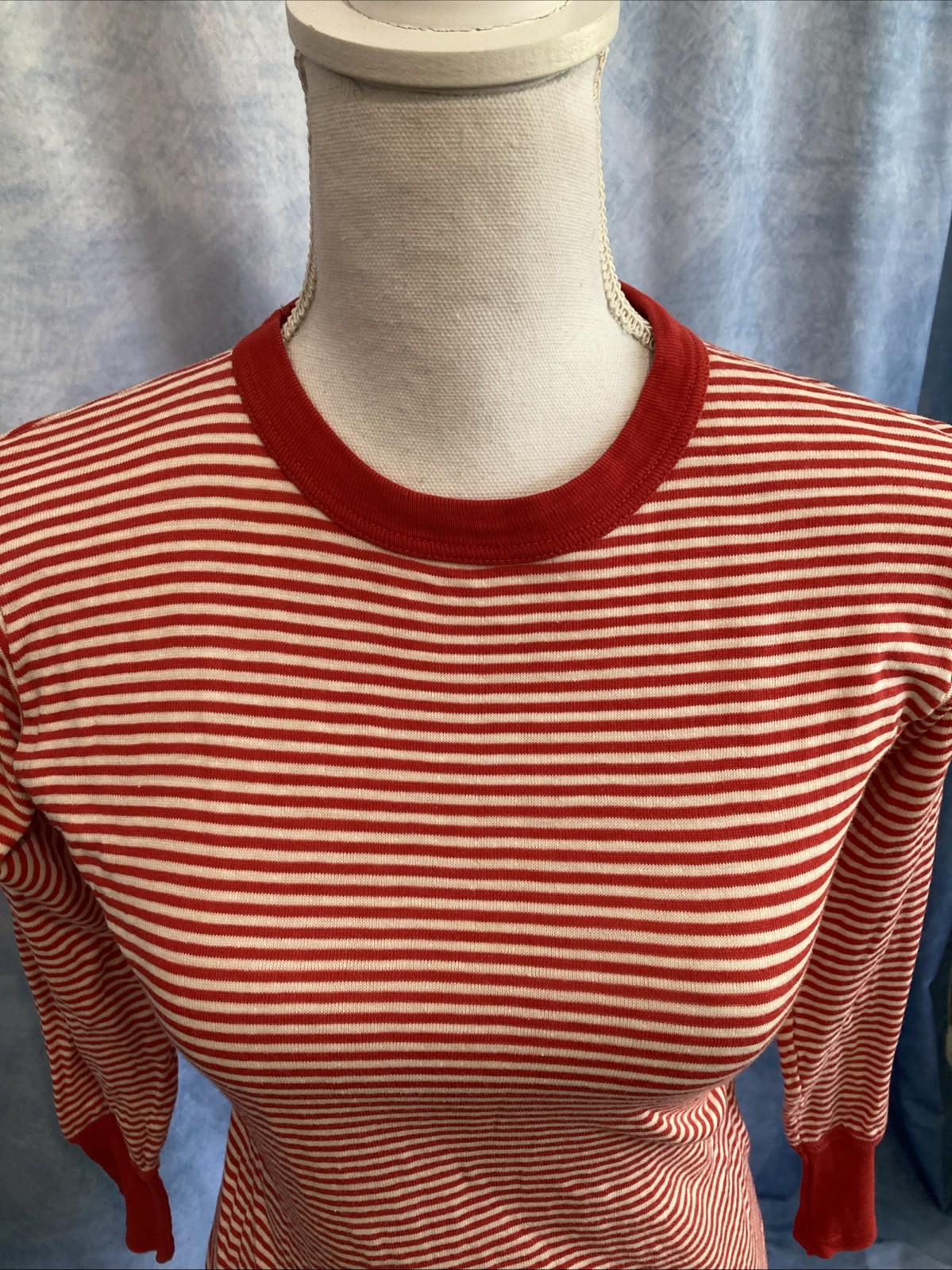 Vtg 60s Duofold Striped Base Layer Thermal Top Red Crewneck Wool Blend Womens XS