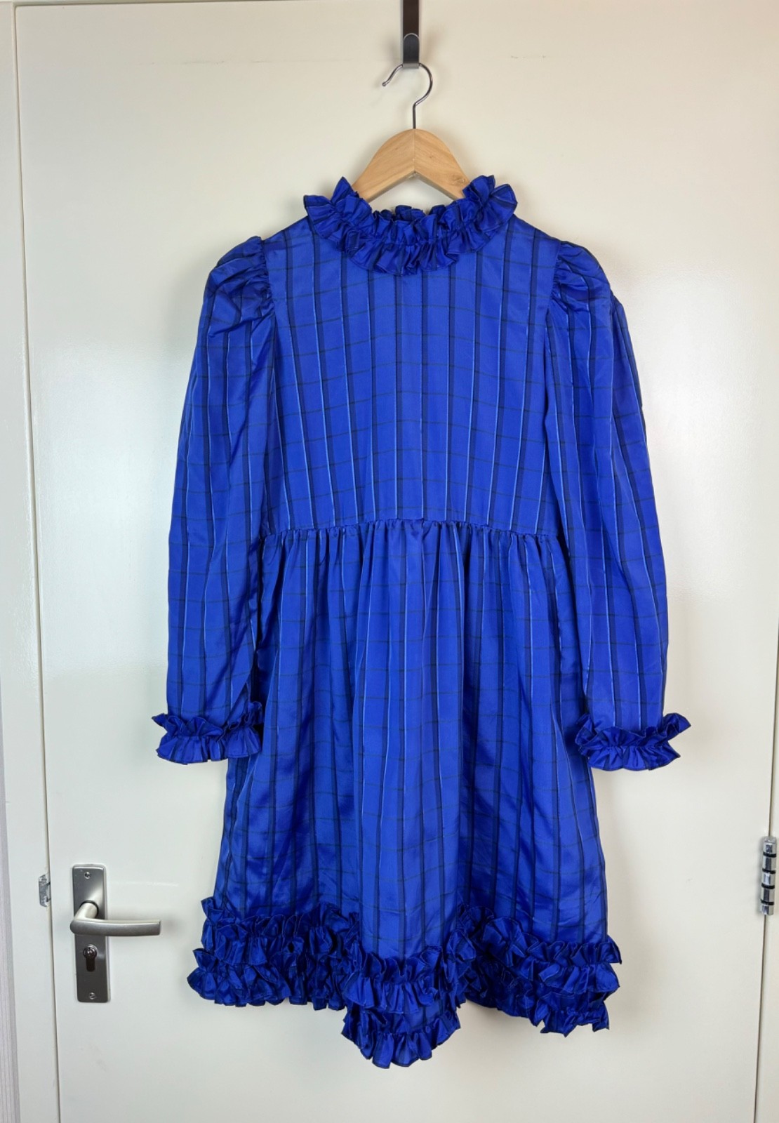 YVES SAINT LAURENT YSL Vintage Blue Tartar Taffeta Midi Dress Ruffle Girs 12Y XS