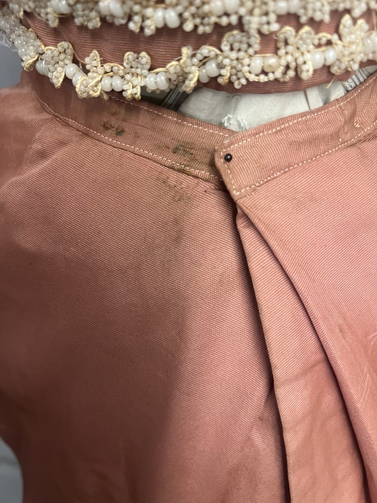 1890’s Peach Silk Faille & Lace Bustle Dinner Gown