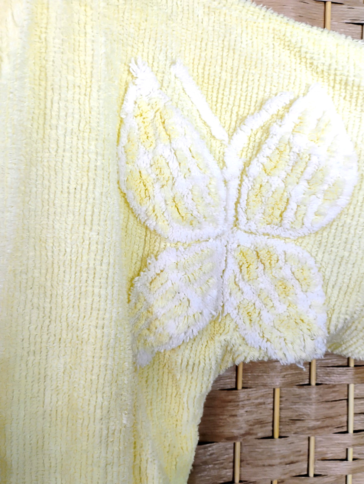 Vintage 70s Stan Herman Yellow Chenille Terry Robe Butterfly Decal Wrap Belt M