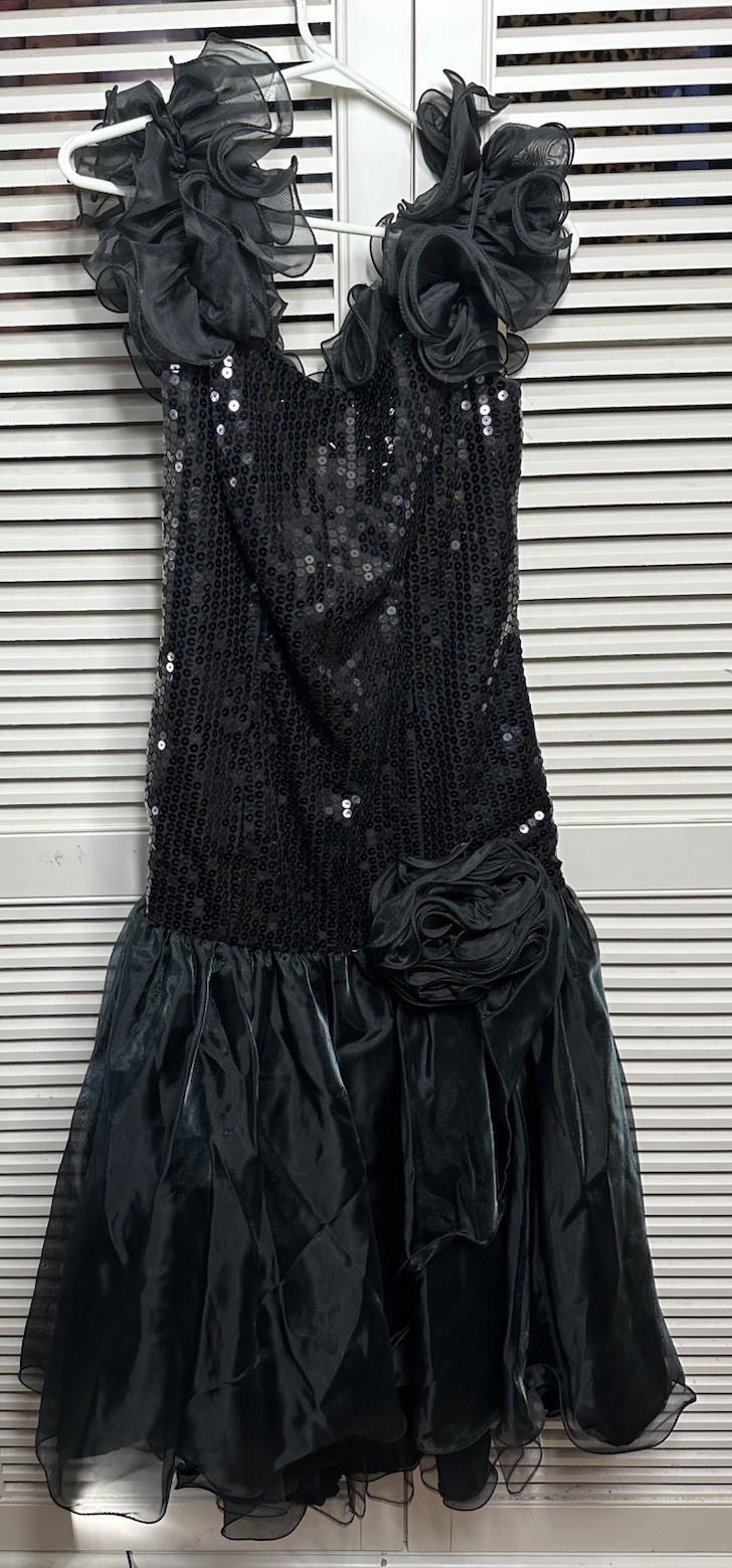 Vtg 80&rsquo;s Flirtations by Alfred Angelo Black Sequin Lace Puff Off ShoulderSleeve