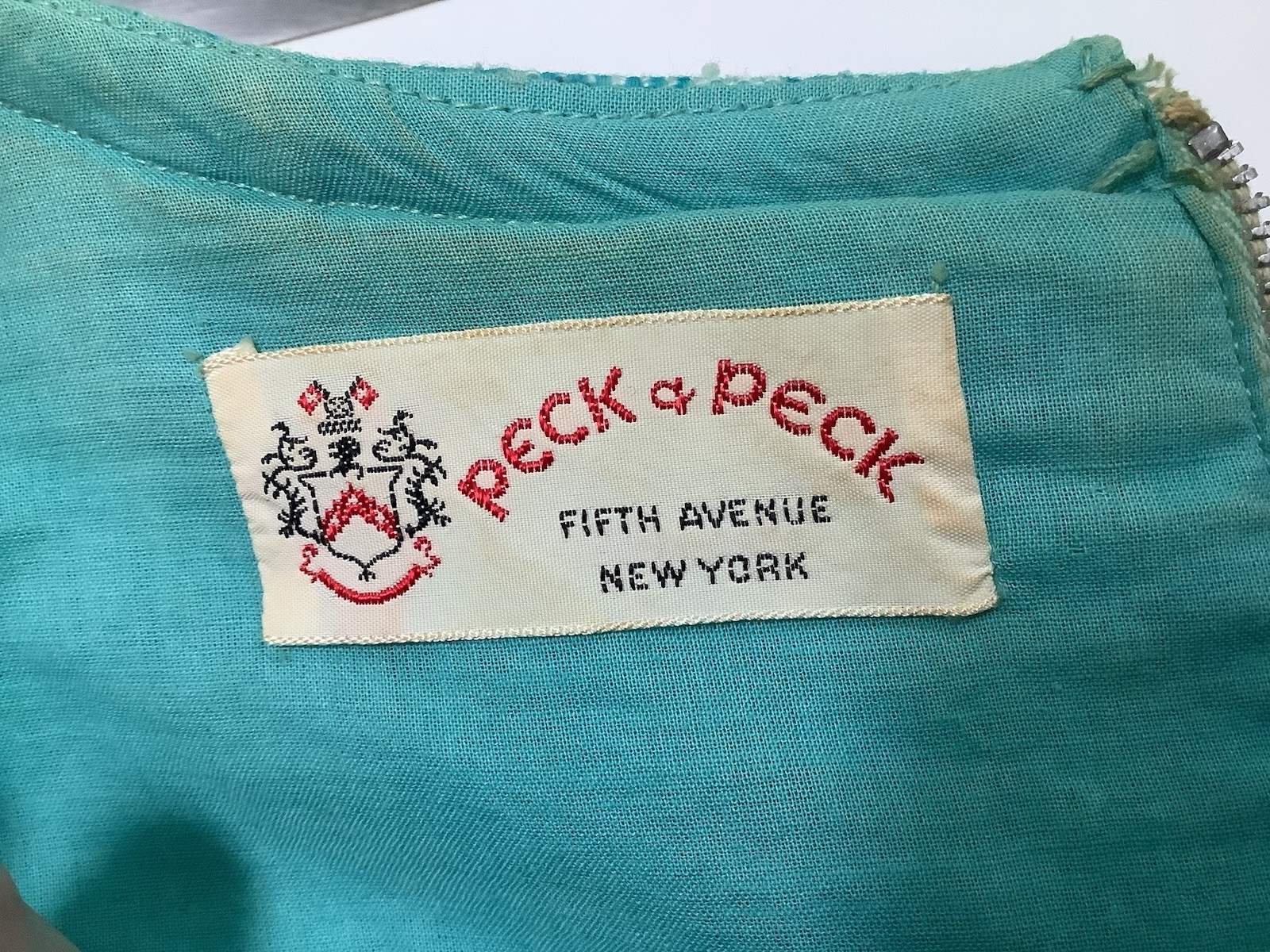 Vintage 1960s Aqua Floral Lined Sleeveless Sheath Dress Peck & Peck ILGWU Label