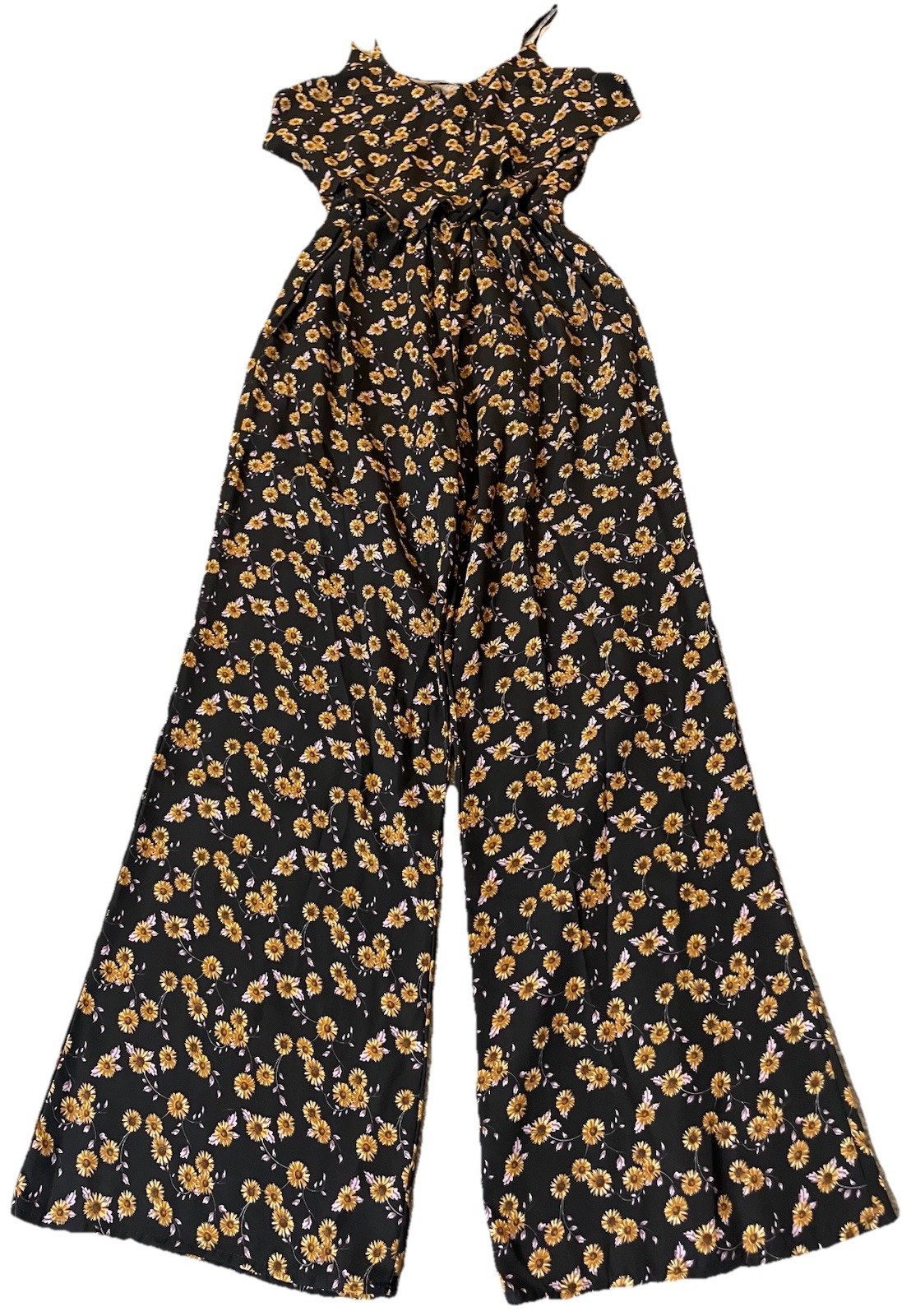 Vtg 70s Floral Wide Leg Jumpsuit Sz M Black Gold Spaghetti Strap Boho Disco USA
