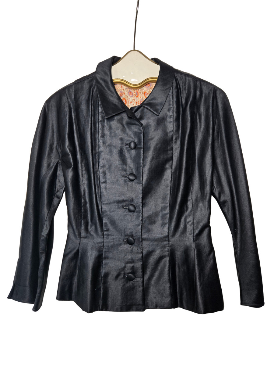 Vintage Edwardian Handmade 1930s-1940s Black Lined Button Up Short Waist Jacket