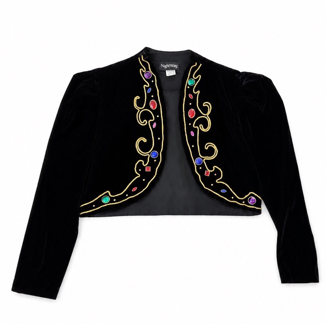 Vintage 1990’s Avant Garde Black Velvet Bolero Jacket With Jewel Gold Accents S