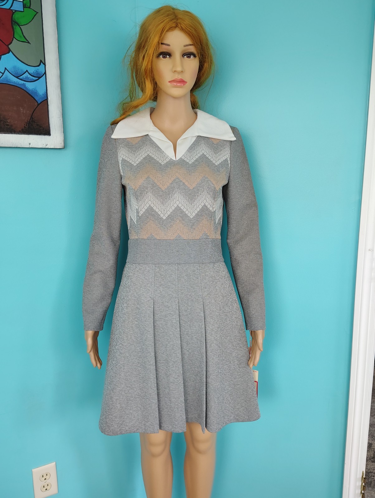 Vintage 70&rsquo;s Chevron Mini Dress Gray Peter Pan Collar Patty O’Neil NWT size: 11