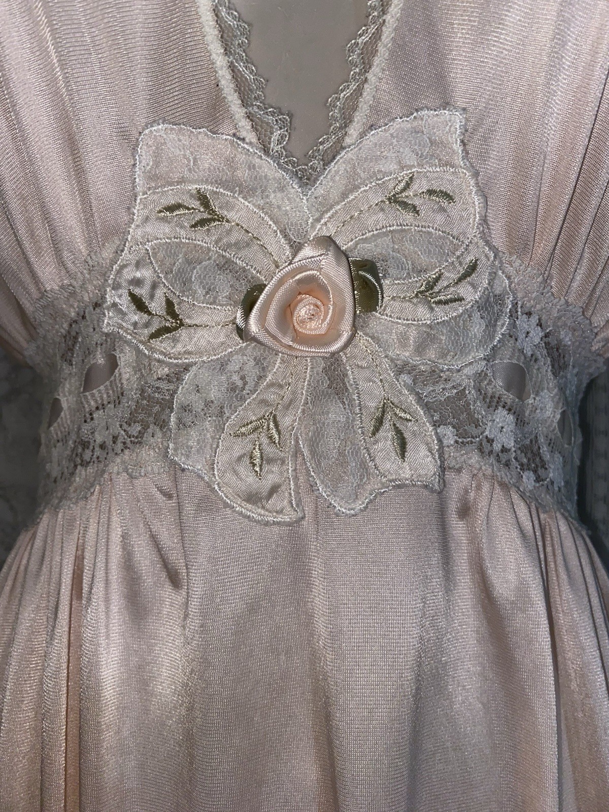 VTG S M FANCY LORRAINE PEACH SOFT Nylon WRAP Peignoir Robe Nightgown w Lace SET