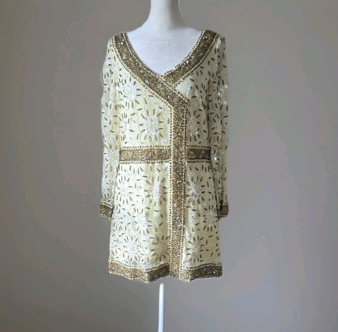 Vtg 60s 70s Beaded Tunic Top & Pants Set, Yellow & Gold, Vacation, S