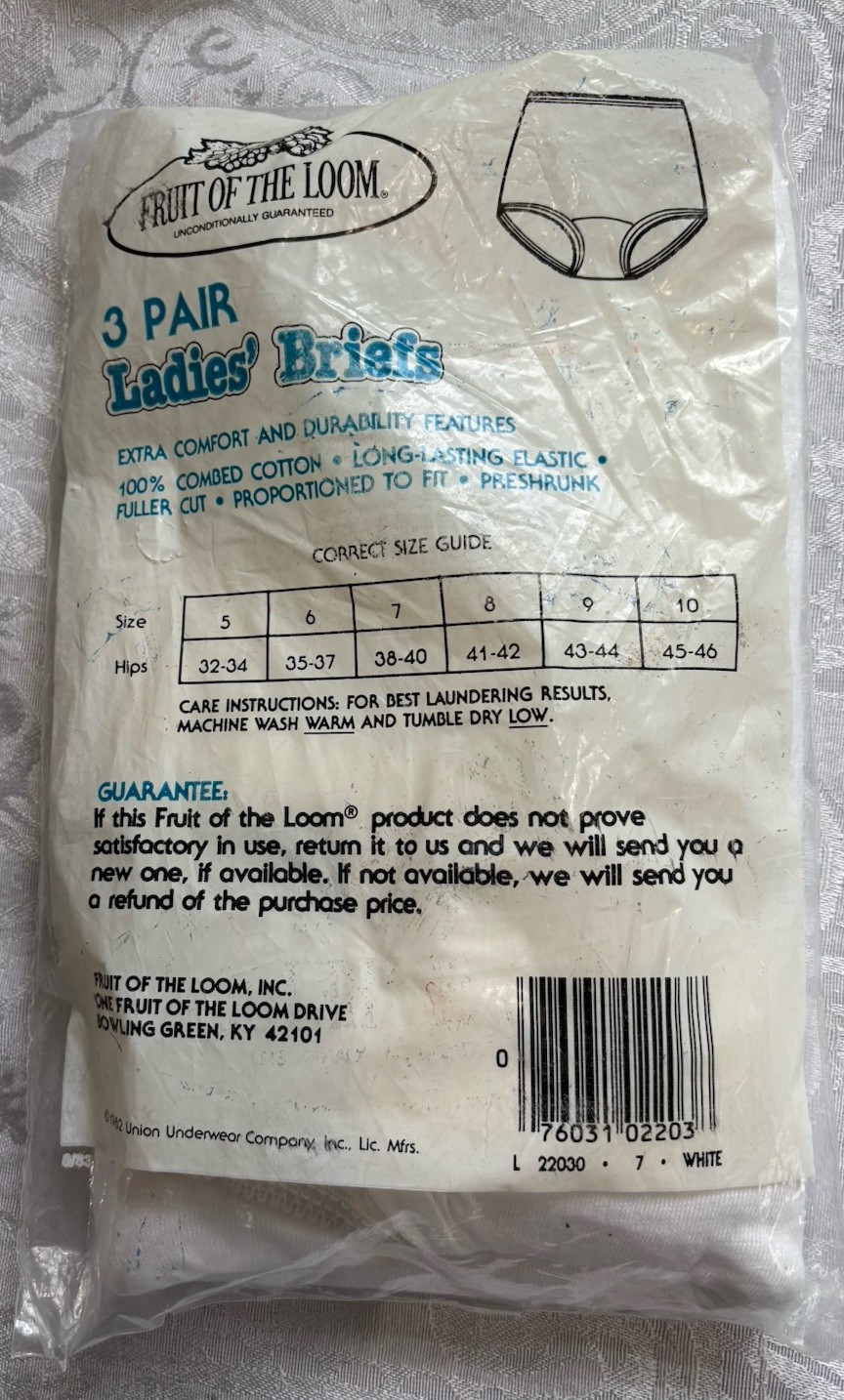 Vintage Fruit Of The Loom Panties Womens 7 White Cotton Briefs USA 1982
