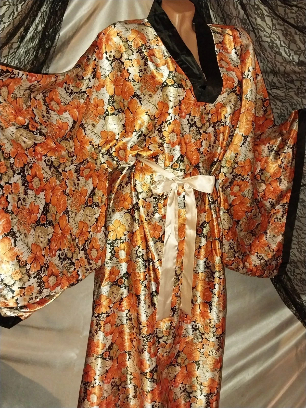 Vtg CAFTAN KIMONO SILVER ORANGE FLORAL LIQUID BALLON MAXI LONG DRESS GOWN 46 48