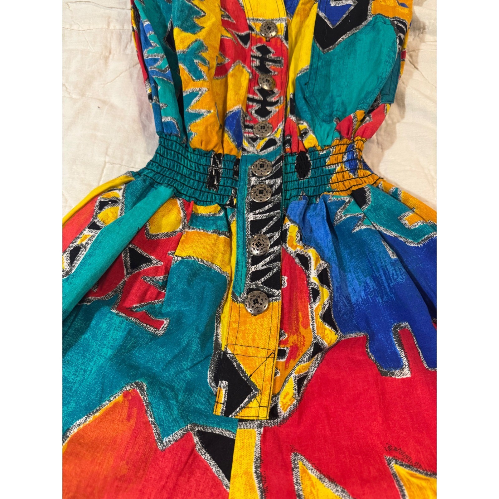 Vintage d.Frank 80s Geometric Primary Color Button Front Cotton Romper Size 8