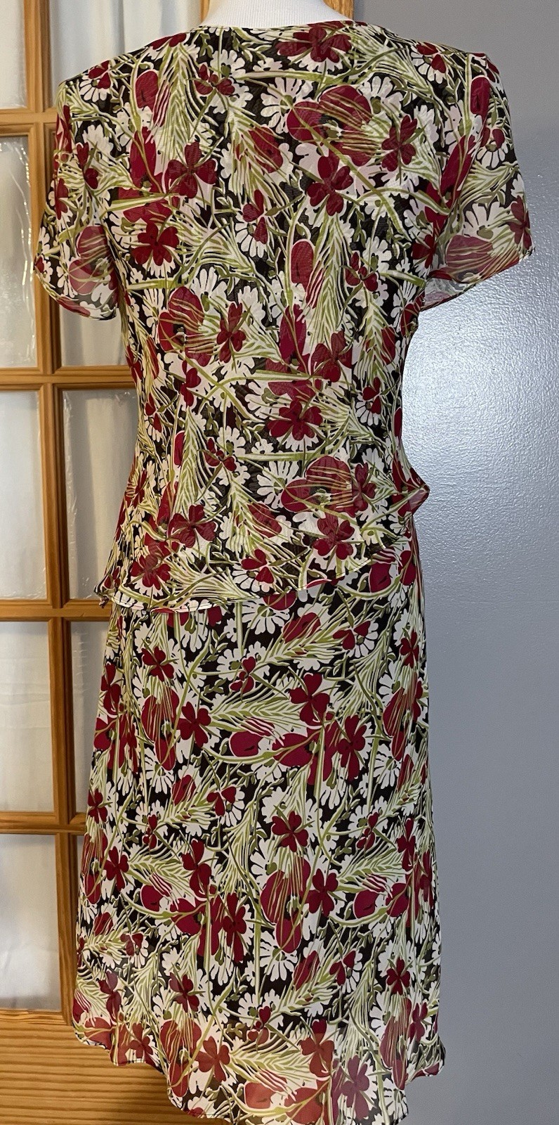 80’s R&K Originals Layered Floral Dress 8P Green Red Chiffon Career Boho Party