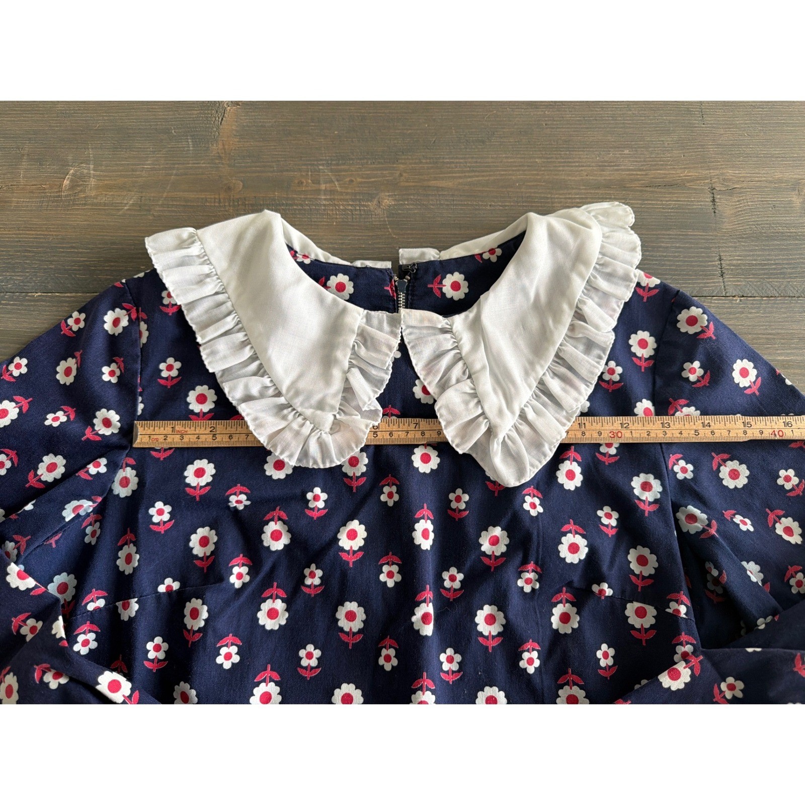 Vtg Sears Jr Bazaar Navy Floral Ruffled Peter Pan Collar Dress Women&rsquo;s Size 11