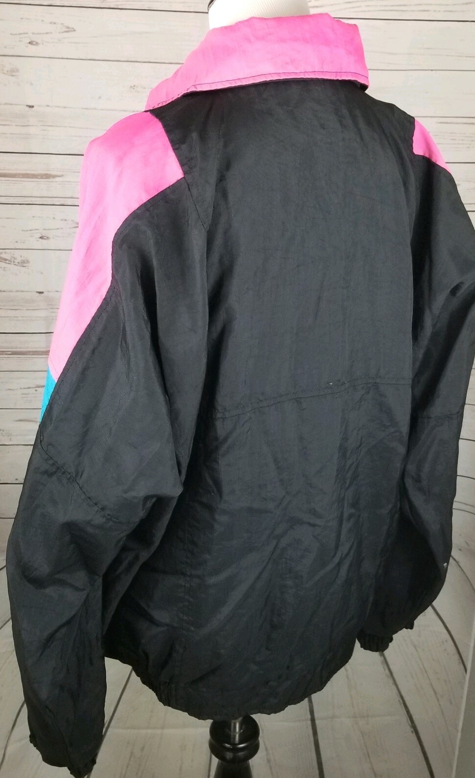 Vintage 80s Track Jacket Large Colorblock Unisex Black Neon Pink Blue