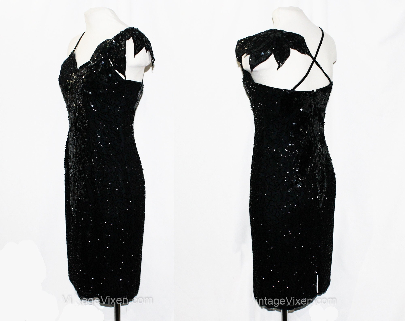Sexy Black Party Dress – Small Glam Disco 80s Beads & Sequins Size 4 Asymmetric