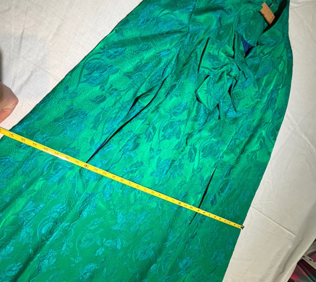 Vintage Custom Tailored Teal Green Blue Jacquard Floral Long Opera Cape-One Size