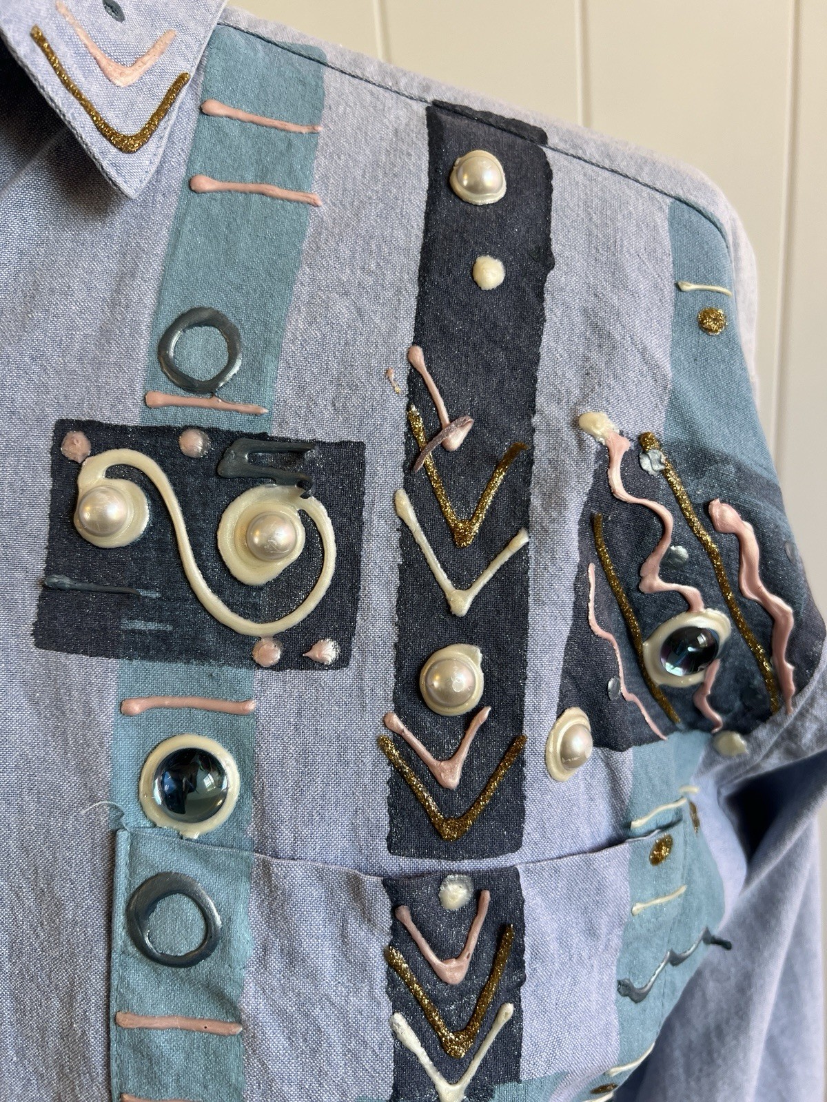 India Ink Hand Painted Clothing 80s Vintage Jean Shirt Small Button Up
