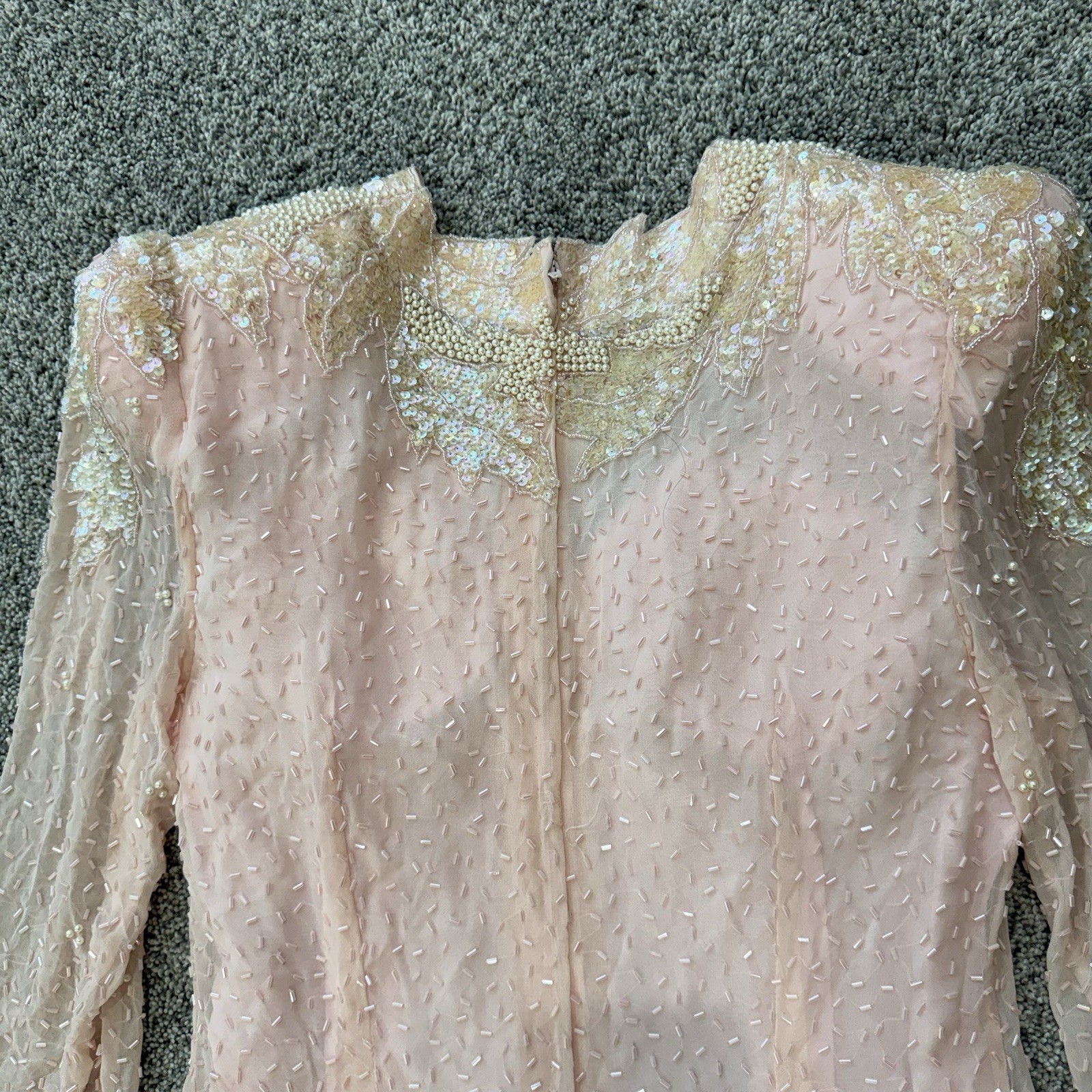 Vintage Martha Madden Light Peach Beaded Sequin Maxi Formal Dress Lined Women S