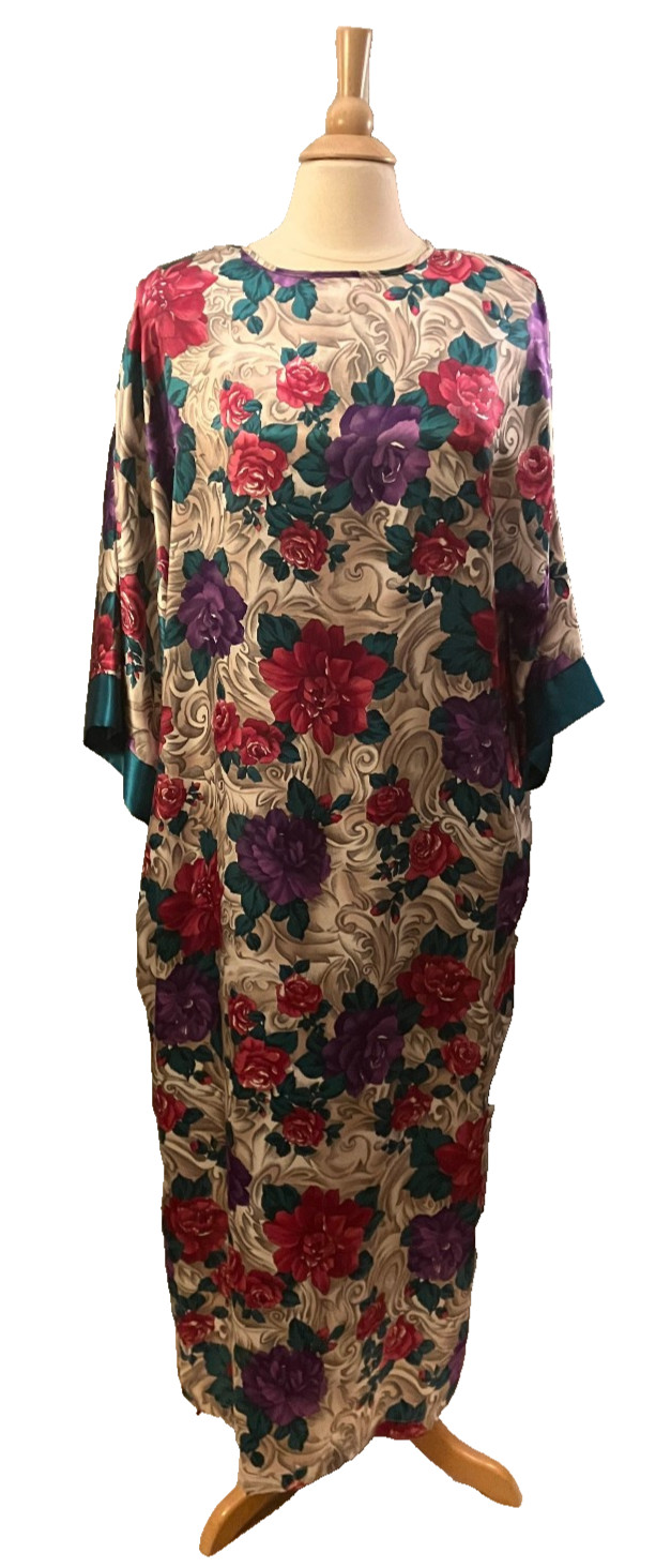 California Dynasty silky floral Caftan Hostess gown Large vtg 1980s pockets!