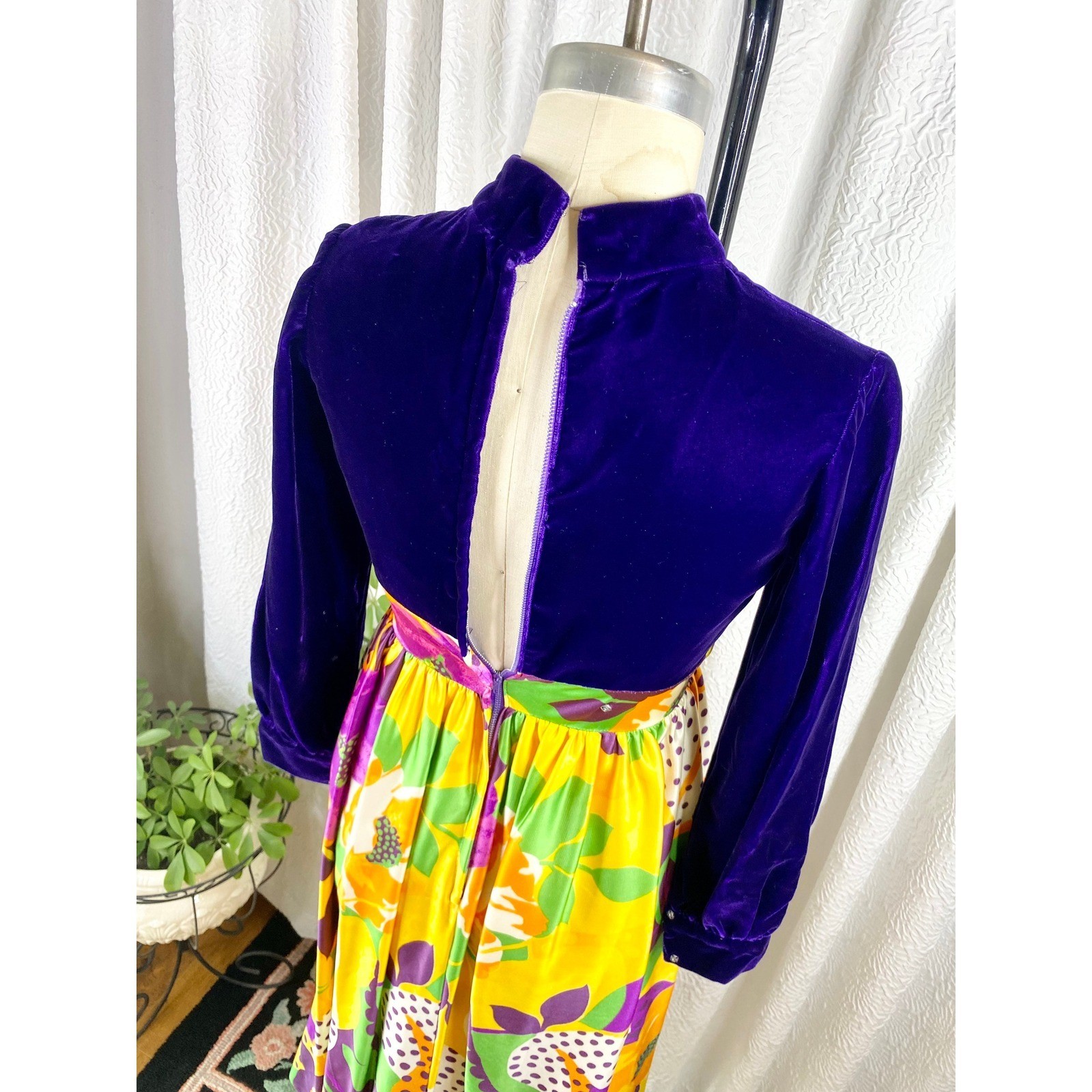 Vintage 1960s Floral Velvet Maxi Dress, Mod Style, Size S