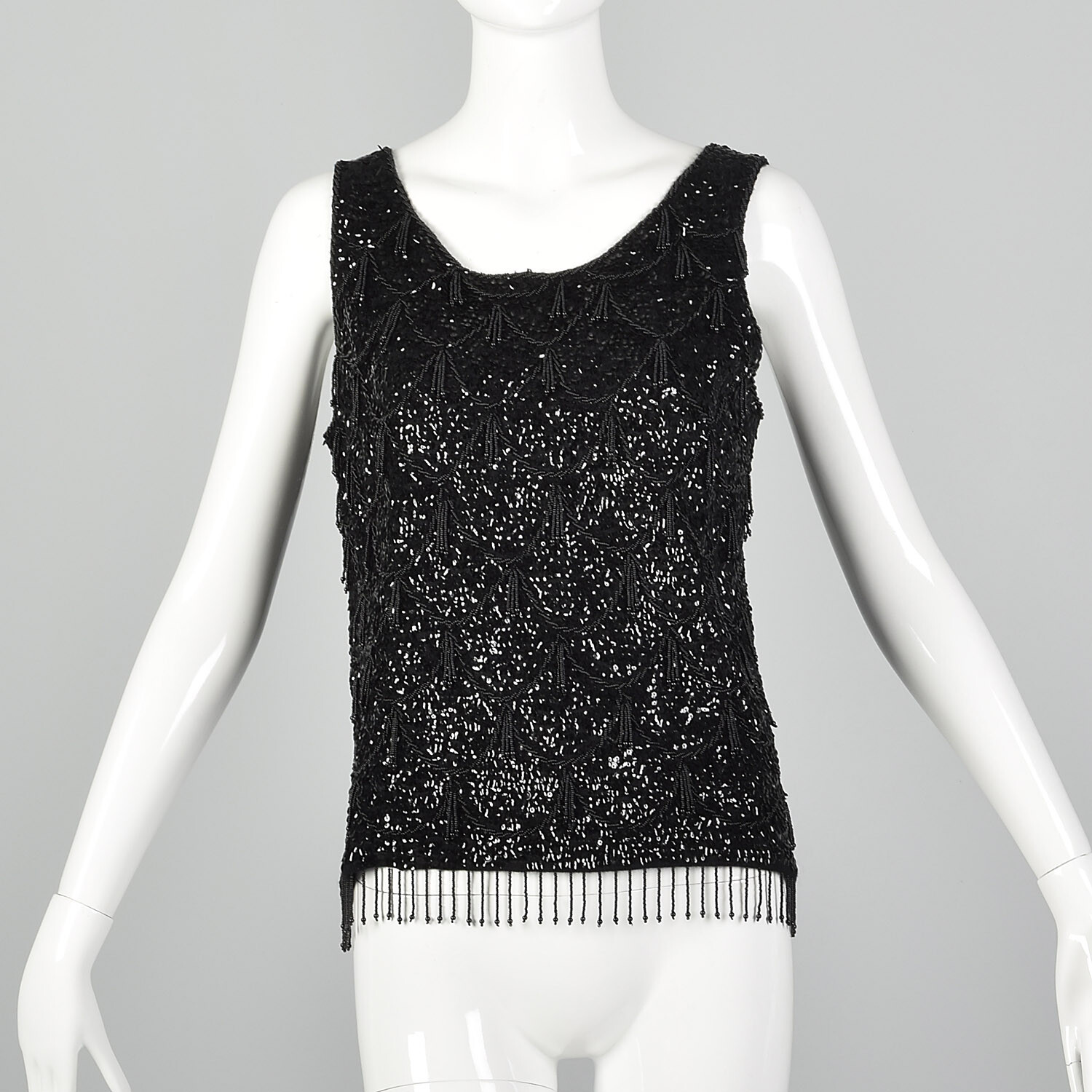 Medium 1960s Sleeveless Black Beaded Blouse 60s Knit Tank Vintage Sequin Top VTG
