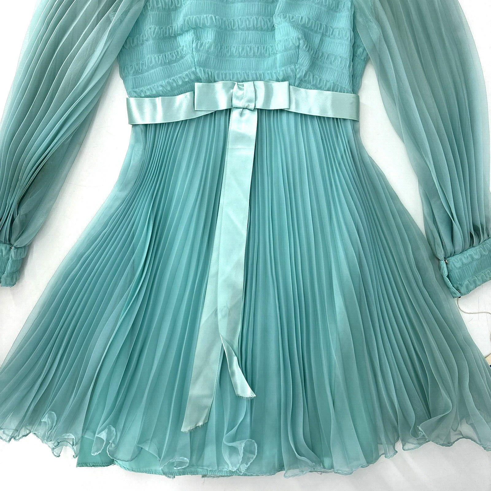 Vintage 1950&rsquo;s Montgomery Ward Aqua Chiffon Dress Gown 26&Prime; Waist Tags *READ*