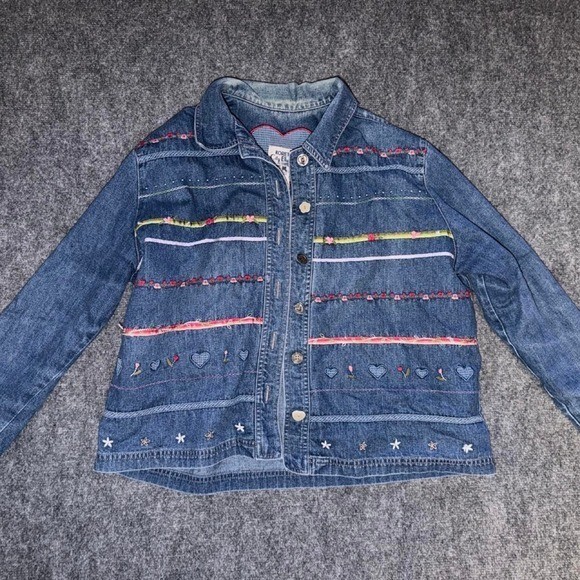 Vintage Koret City Blues Embroidered Denim Jacket Hearts Floral Y2K Large
