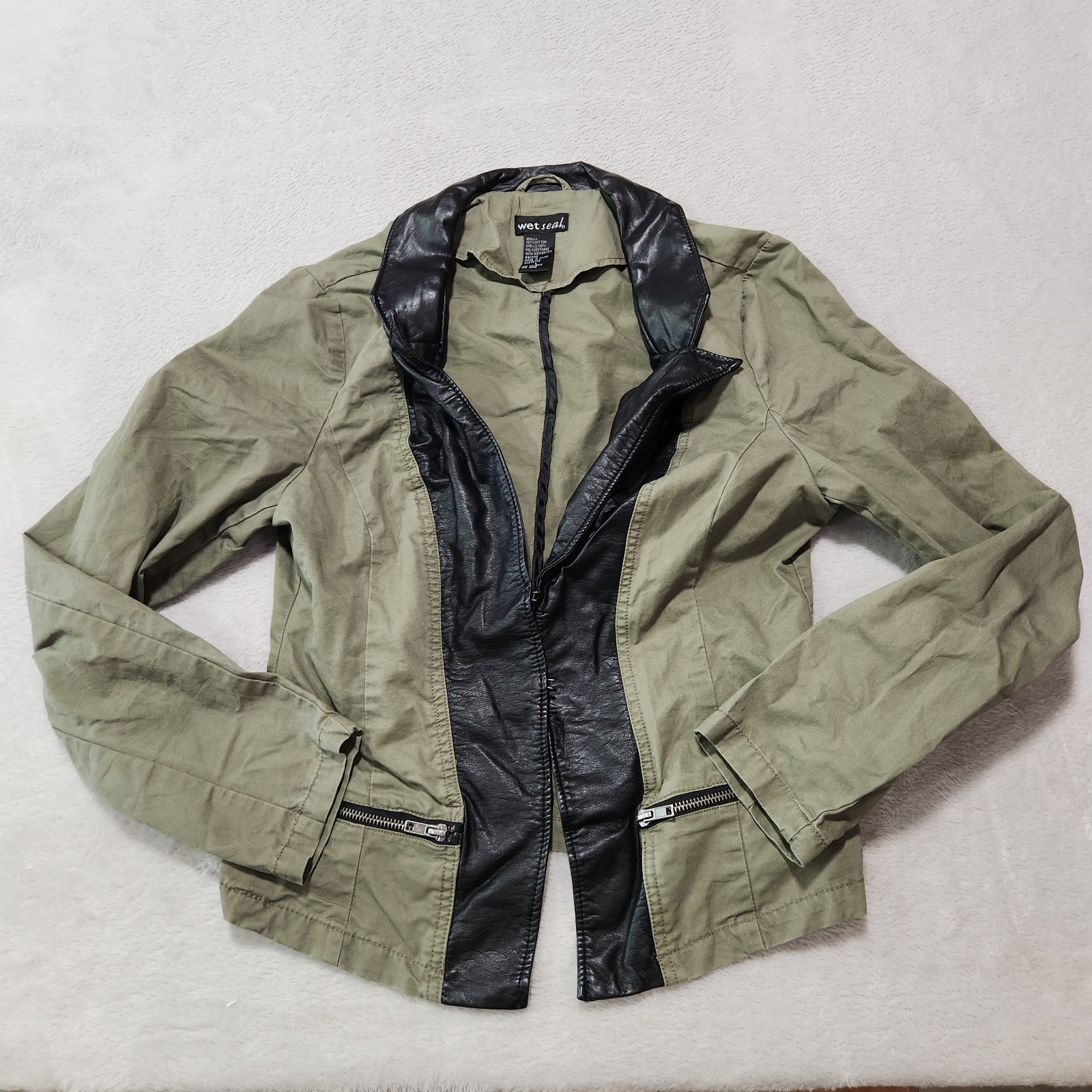 vintage wet seal faux leather trim blazer top green womens large L