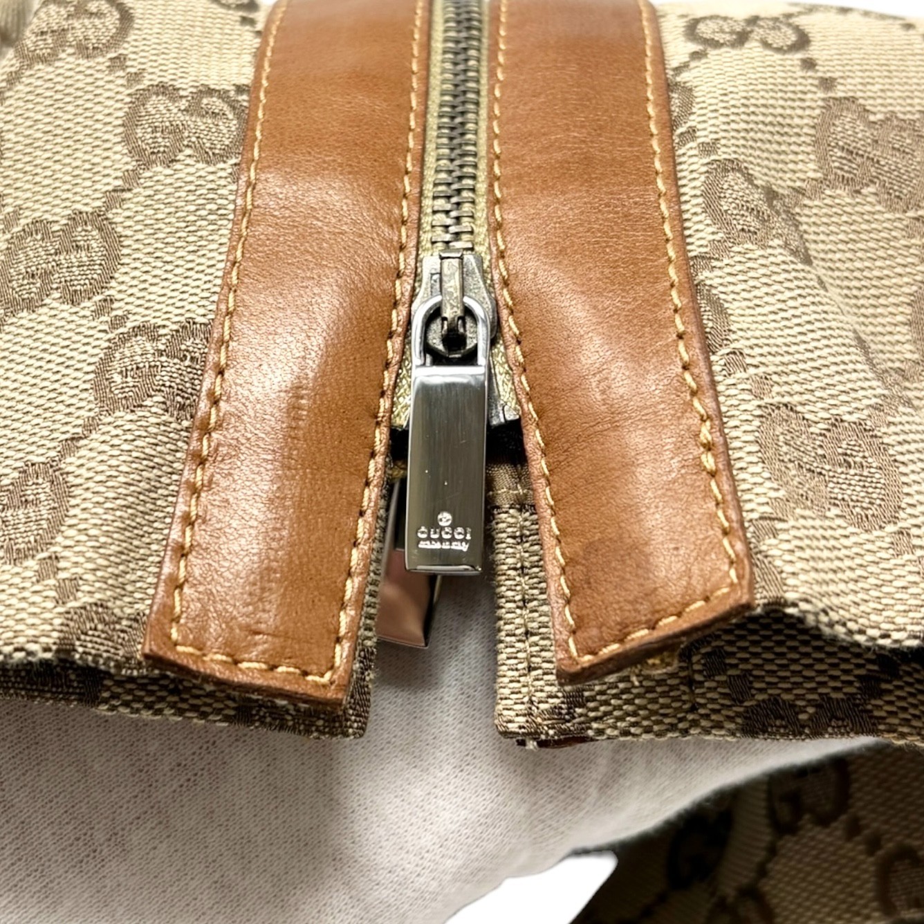 GUCCI Vintage GG Monogram Zip Knee Length Skirt #38 Beige Canvas Leather 902232