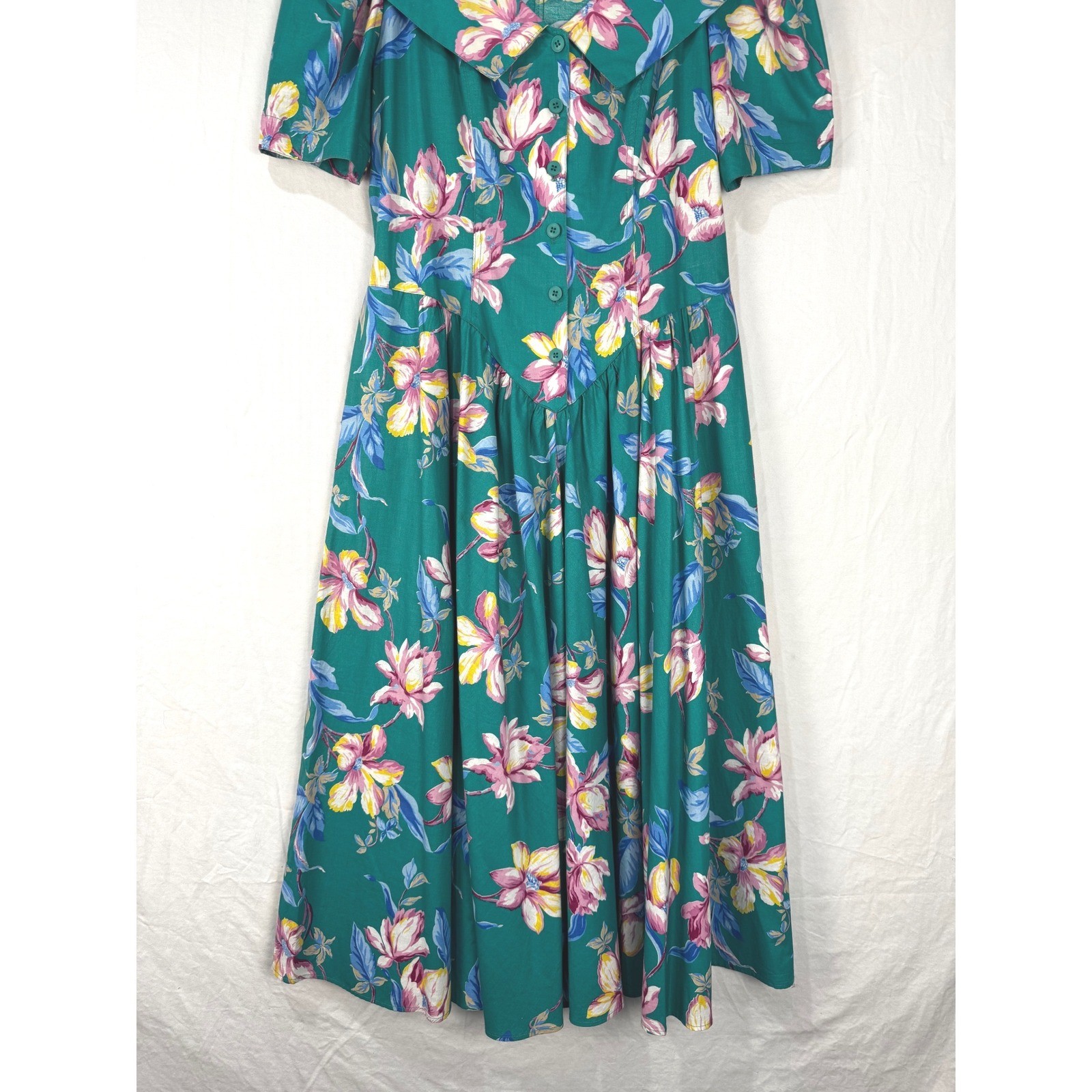 Carol Anderson California Vintage 90s Teal Green Floral Cotton Cottagecore Dress