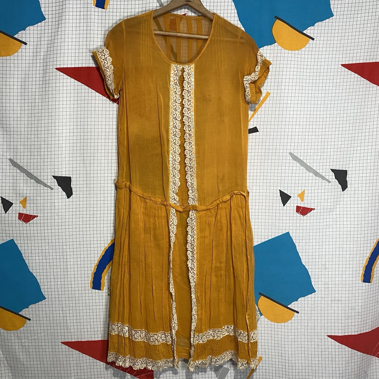 Vintage 20s Orange Lace Dress Drop Waist Sheer Flapper Boho Tie Cotton Antique