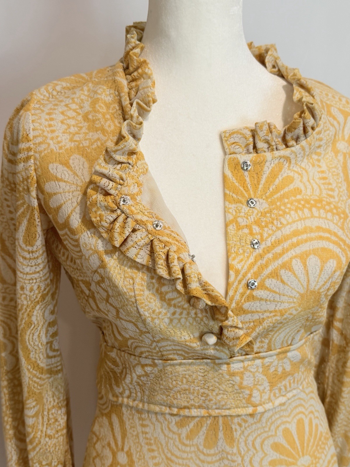 Vintage 60s/70s Mod Mini Dress Yellow Bold Floral Boho Prairie