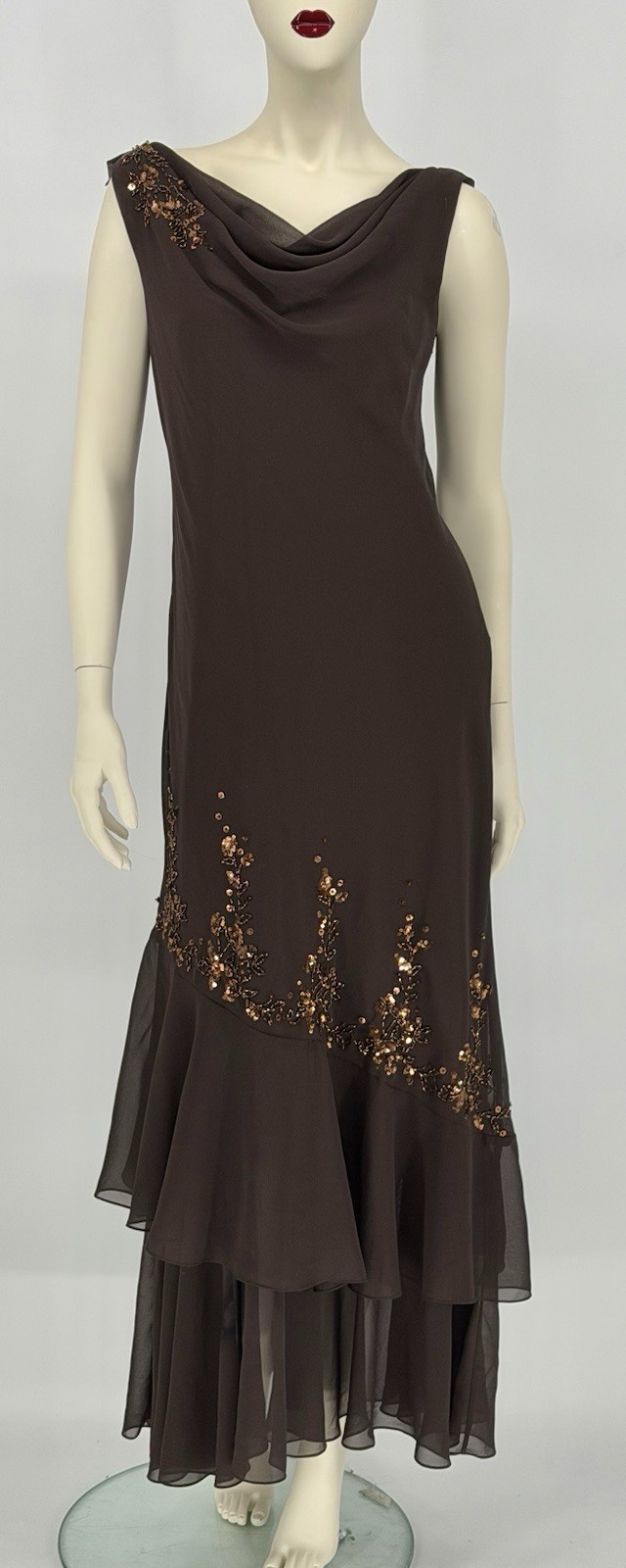 XSCAPE by Joanne Chen Vintage Evening Dress Chocolate Brown w/Copper Sequins Sz8