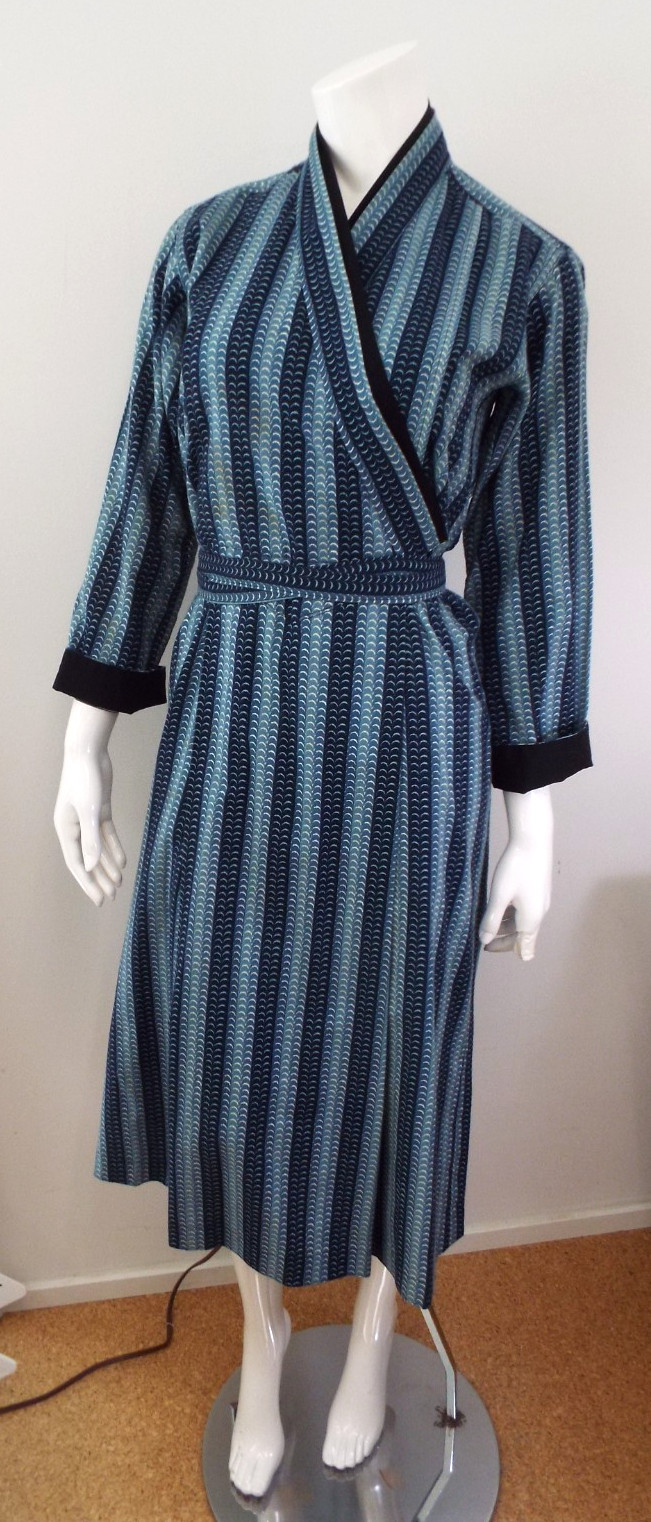 Vintage 1970s KENZO Jap Kimono Long Robe Dress 38 Blue Cotton Wrap Front Belt
