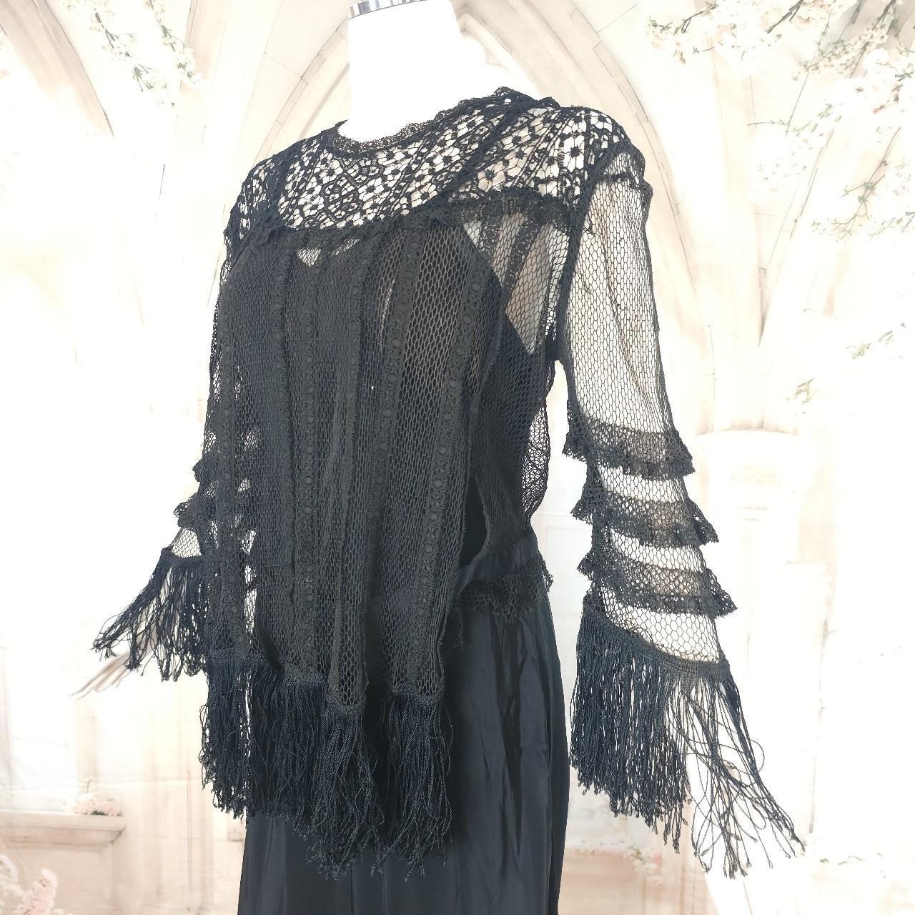 Black Crochet Lace Blouse Fringe Tassels Antique Victorian Edwardian Top Shirt