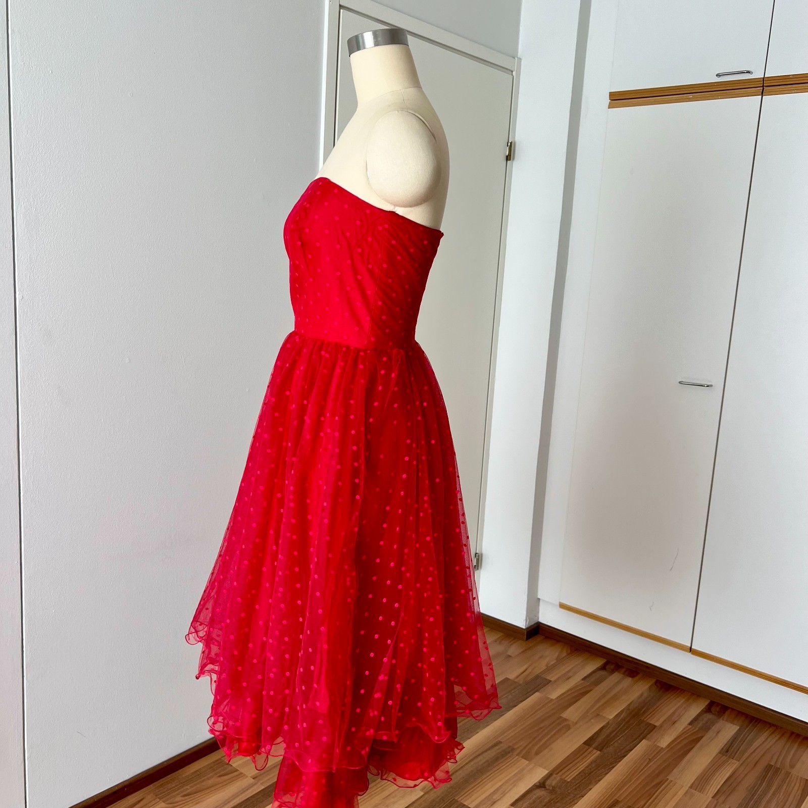 1980s VERA Mont Red Strapless Party Dress Polka Dot Tiered Midi Cocktail Prom