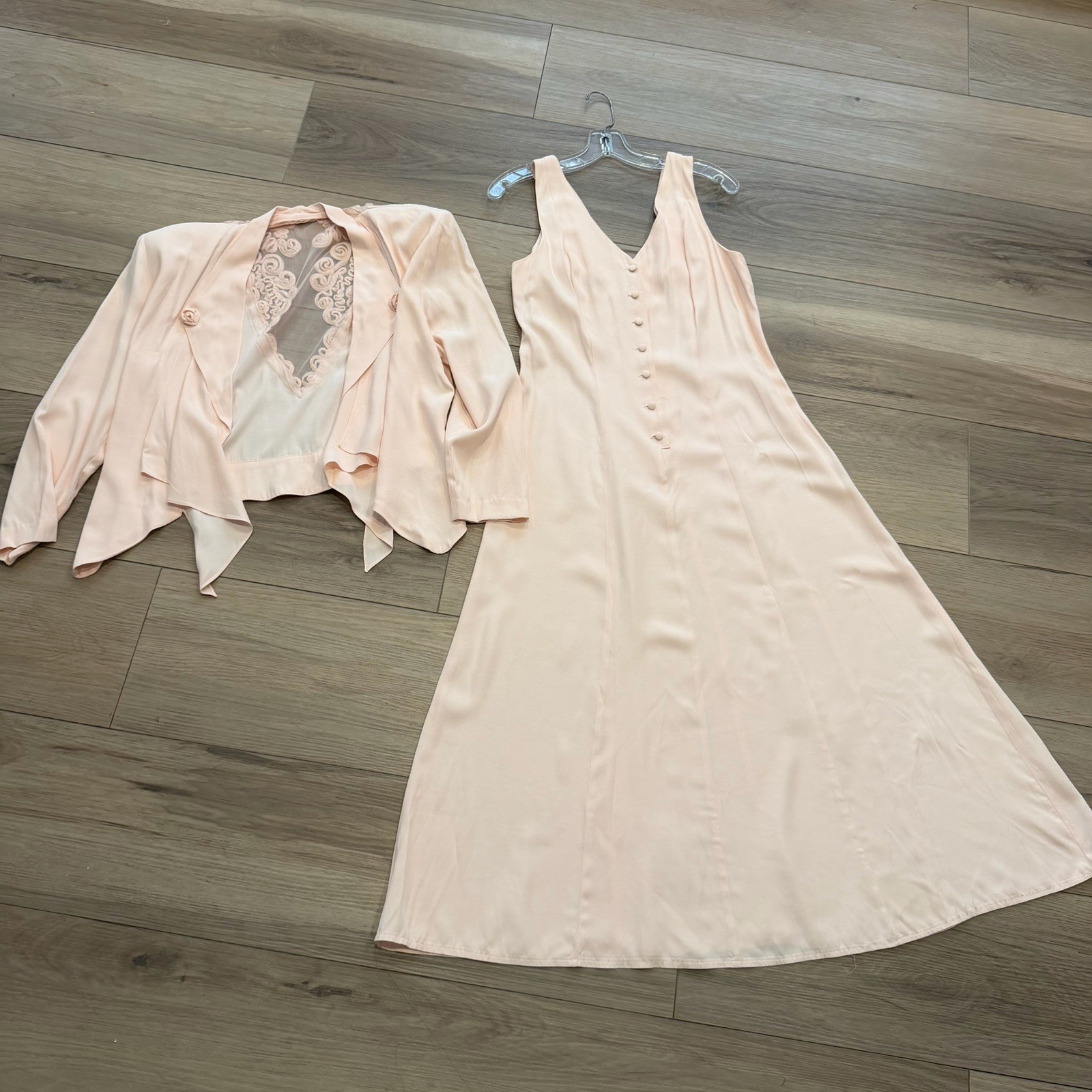 Vtg Wild Rose Soft Pink Panel Dress with Matching Jacket Sz 10 1980 Mesh Back