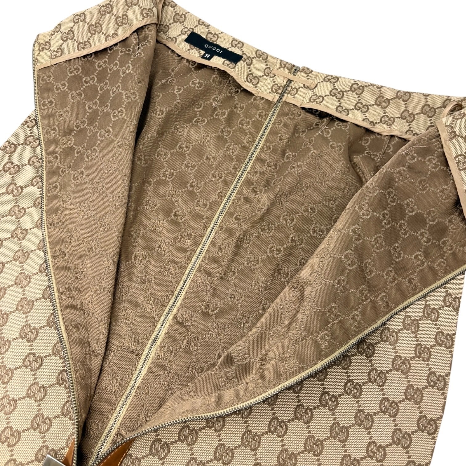 GUCCI Vintage GG Monogram Zip Knee Length Skirt #38 Beige Canvas Leather 902232