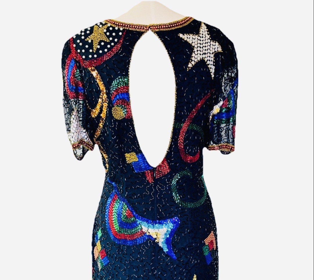 Vintage 80s Silk Heavily Hand Beaded Sequin Celestial Dress by Nadine Boutique
