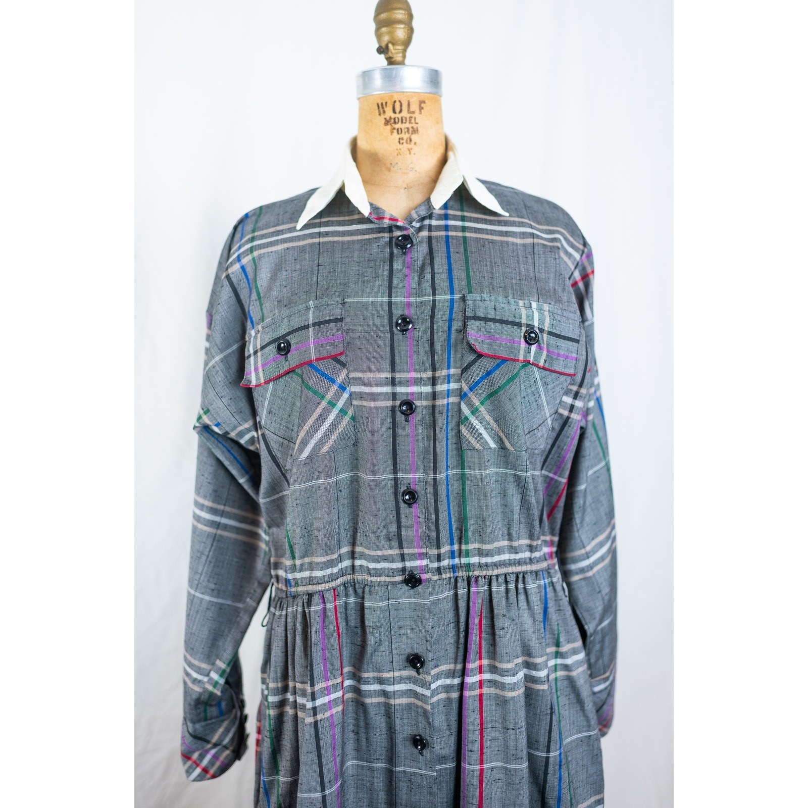 Vintage 90s Gray Plaid Midi Shirt Dress, Collared Long Sleeved, Academia, MED/LG