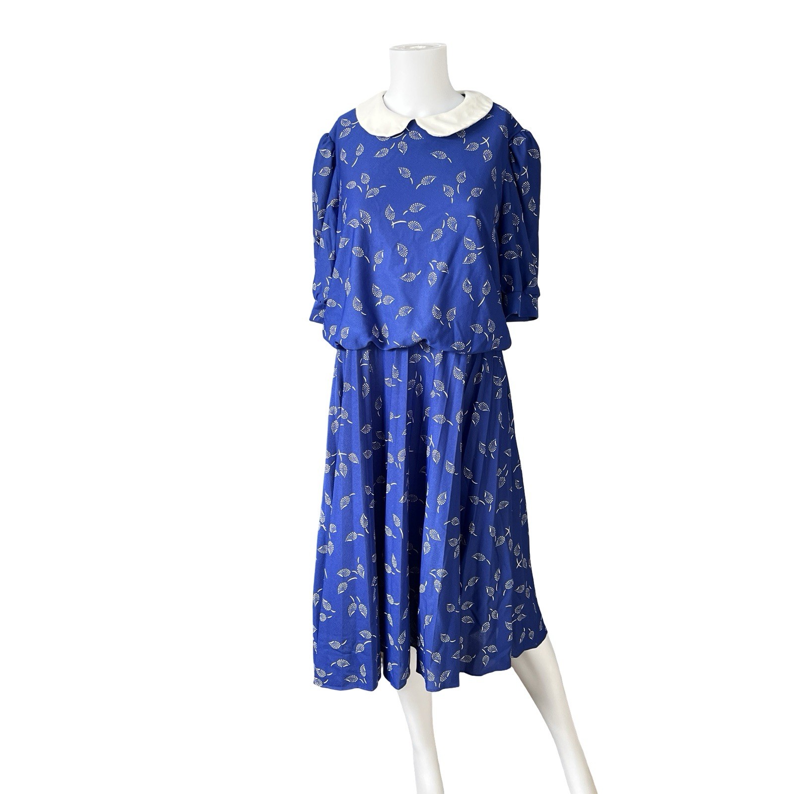 Vintage Blue Dress Short Sleeve Leaf Print Peter Pan Collar Size 16