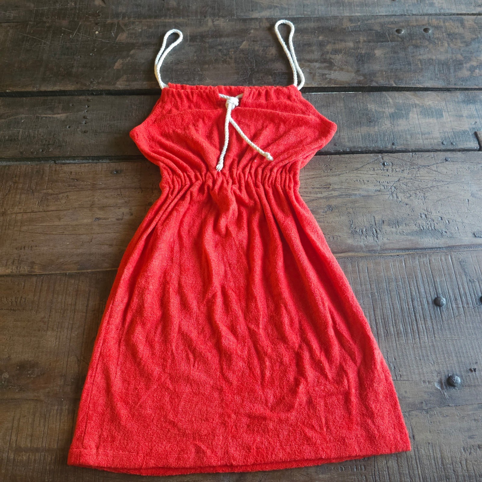 Vintage 1970 Terry Cloth Ultra Mini Dress Red Rope Strap Beach Coverup Tunic Top