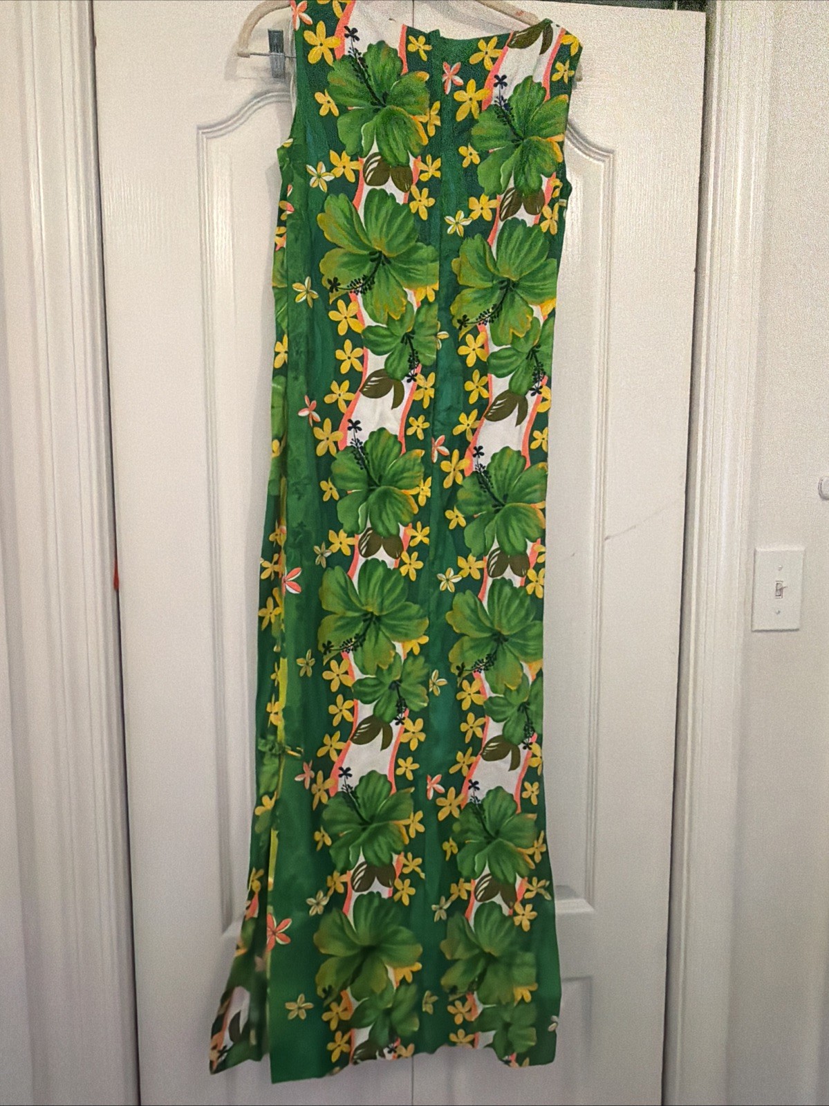 Vintage Royal Hawaii Green Yellow Pink Floral Hawaiian Maxi Dress Tiki Side Slit