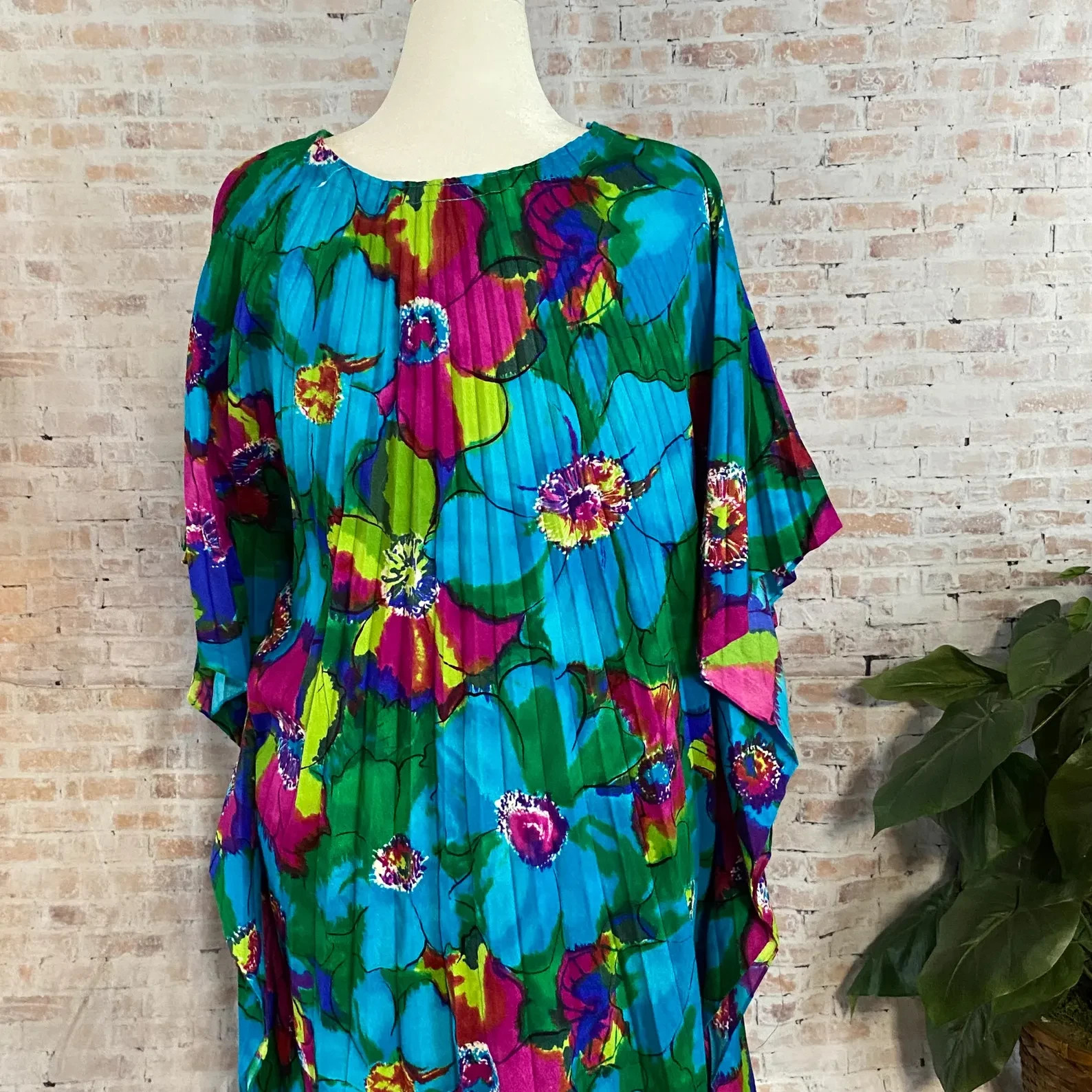 Womens 1970s Vintage Floral Caftan Dress One Size