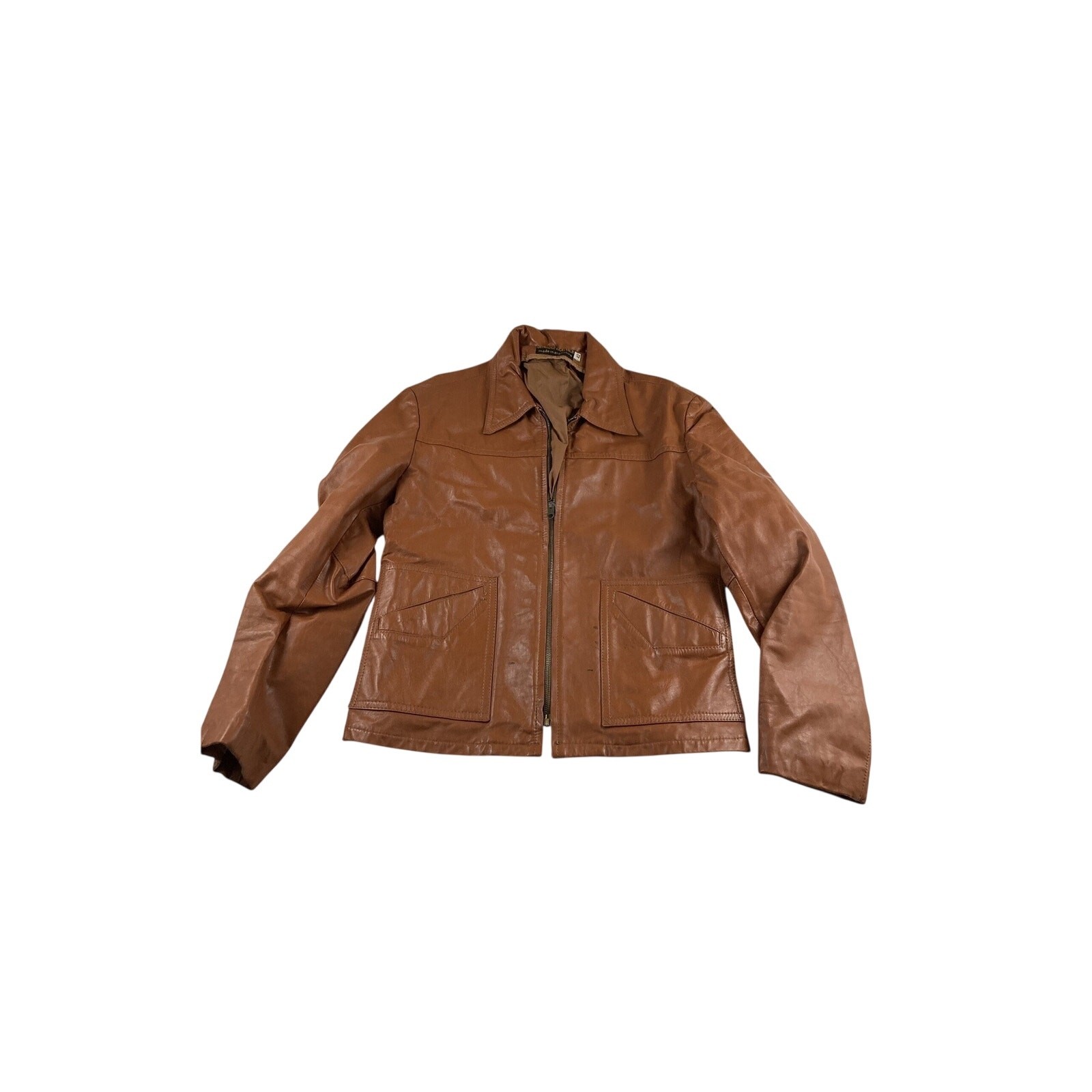 Camel Leather Coat Cognac Brown Jacket Size 42 Made in Argentine Argentina