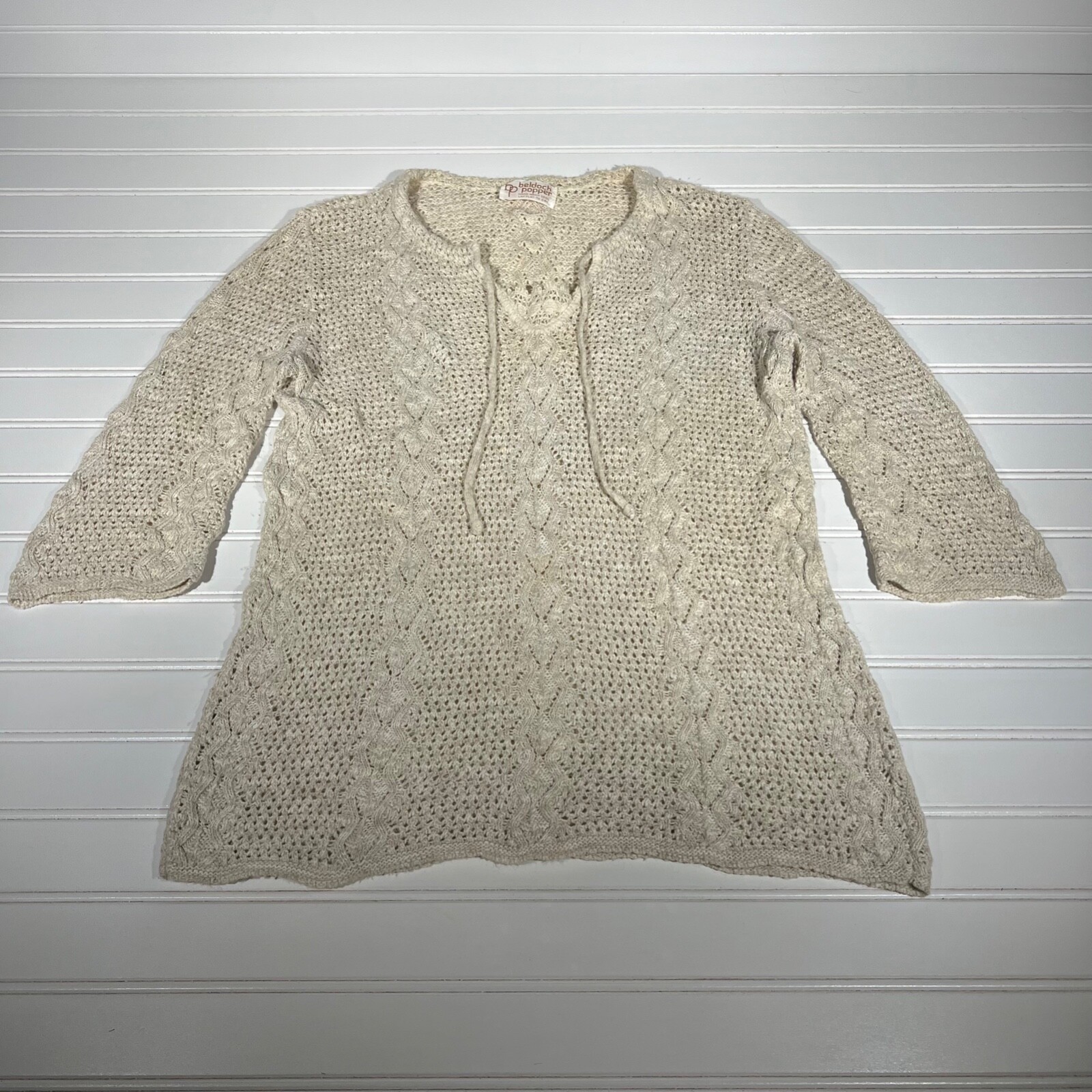 Beldoch Popper Cream Crochet knit Sweater Womens Size Small 3/4 Sleeve Beige