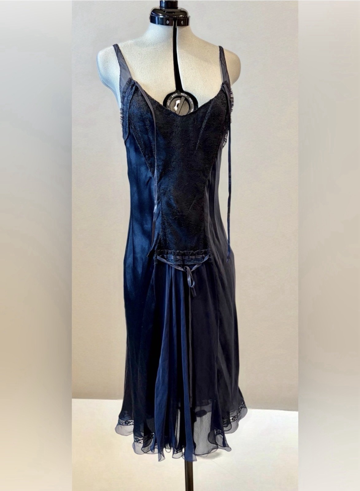 Vintage slip dress, 20&rsquo;s style, silk satin&chiffon, lace details, navy,4, EUC