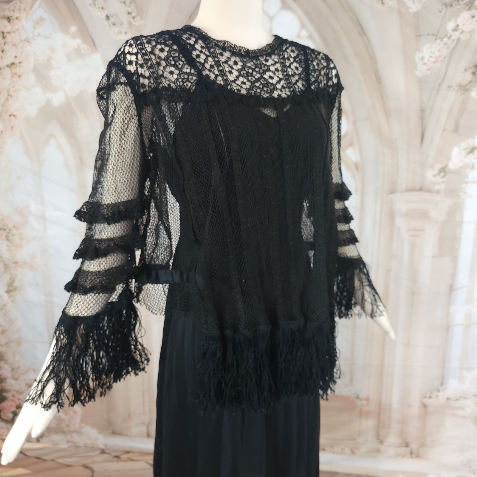 Black Crochet Lace Blouse Fringe Tassels Antique Victorian Edwardian Top Shirt