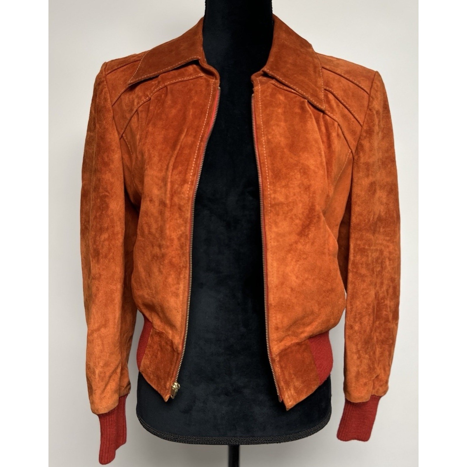Vintage 1970&rsquo;s Rust Orange Suede Bomber Jacket Womens Small Leather Groovy 70s