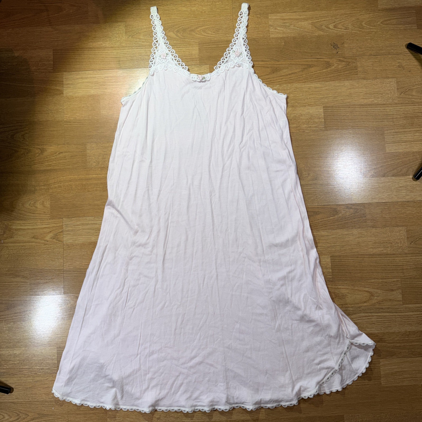 Vtg Amyris Long Rayon Nylon Blush Pink Slinky Nightgown, Made USA Sz Lg